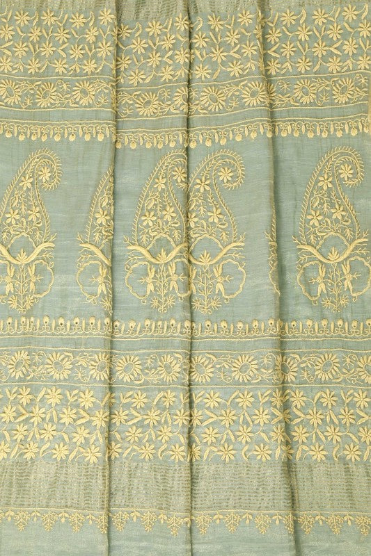 Ada Hand Embroidered Sage Green Tissue Lucknowi Chikankari Saree With Blouse-A606191