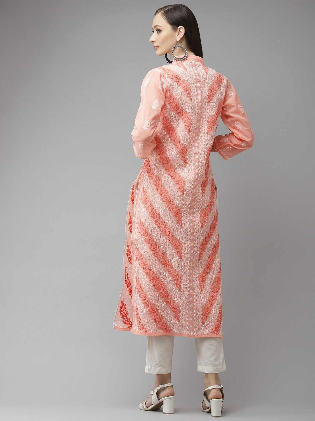 Ada Hand Embroidered Peach Cotton Lucknow Chikan Kurta A411321