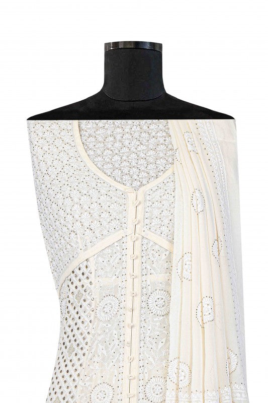Ada Hand Embroidered White Pure Georgette Semi Stitched Anarkali Kurta Dupatta Set with Muquaish Work A501767