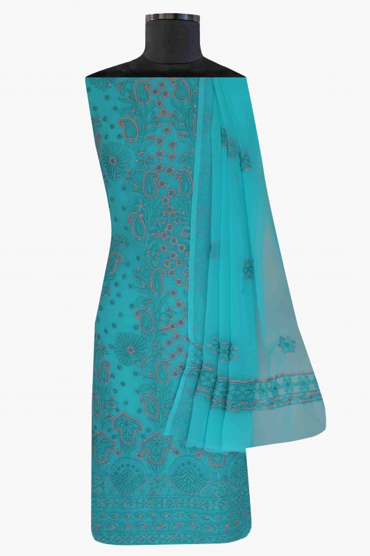 Ada Hand Embroidered Rama Green Georgette Lucknowi Chikan Unstitched Suit Piece-A211185