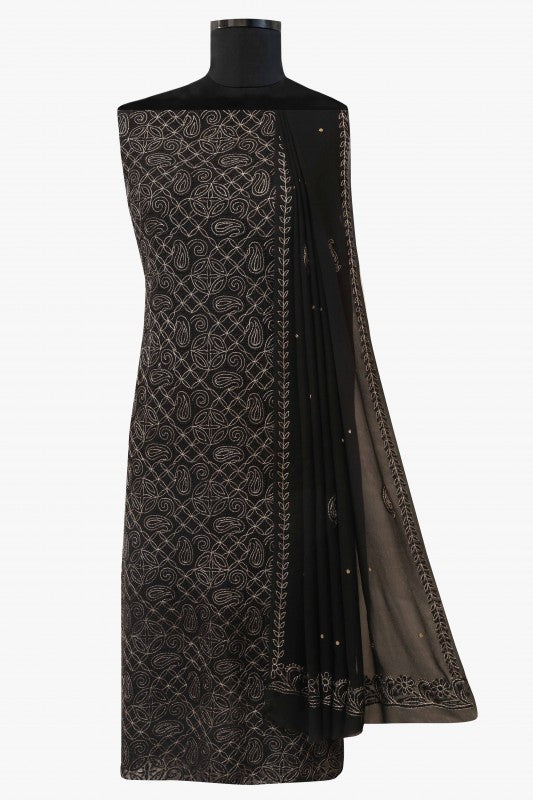 Ada Hand Embroidered Black Pure Georgette Lucknowi Chikan Unstitched Kurta Dupatta Set - A199026