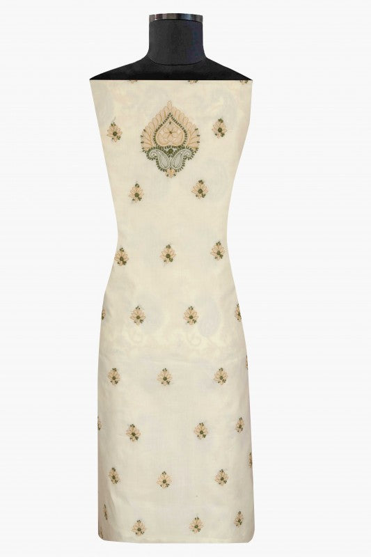 Ada Hand Embroidered Cream Cotton Lucknowi Chikan Unstitched Suit Piece- A211112