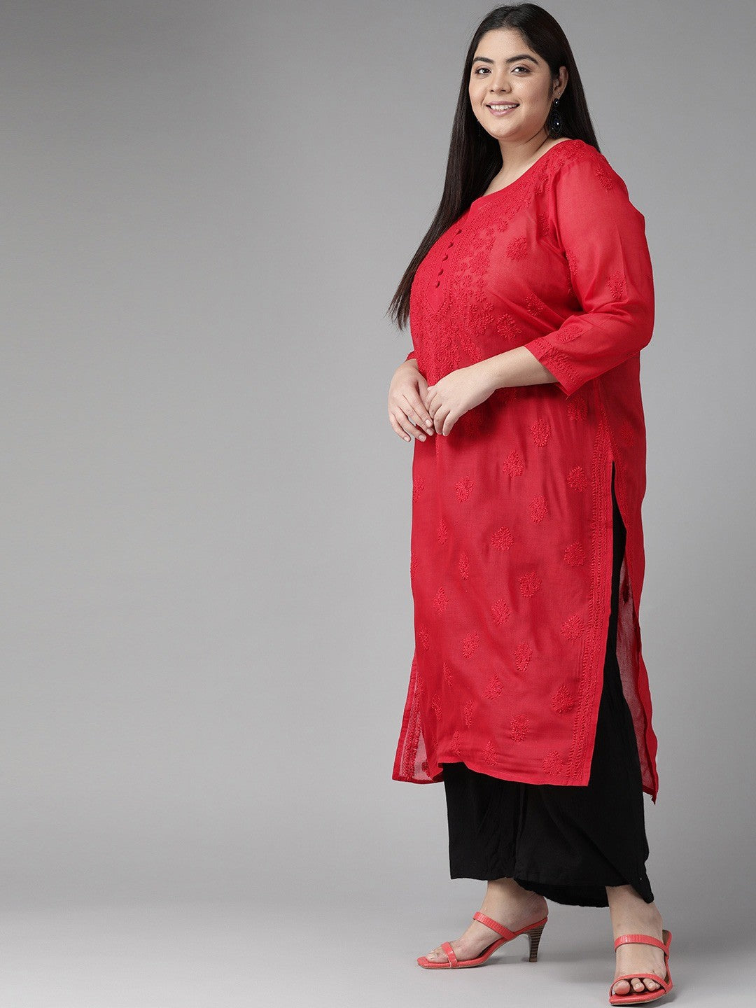 Ada Hand Embroidered Red Cotton Lucknowi Chikankari Straight Kurta A100362