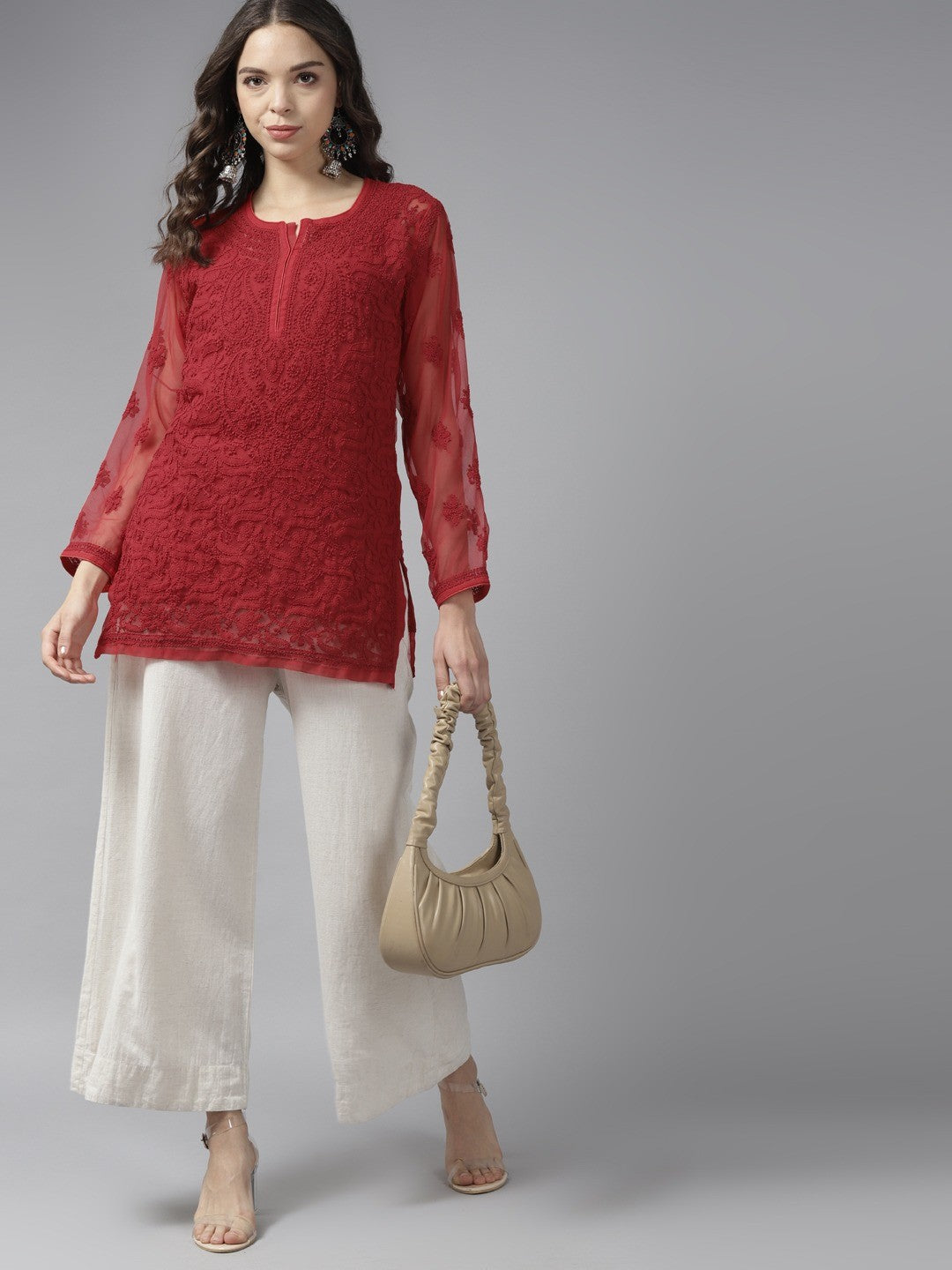 Ada Hand Embroidered Red Georgette Lucknowi Chikankari Straight Kurti With Slip A911193