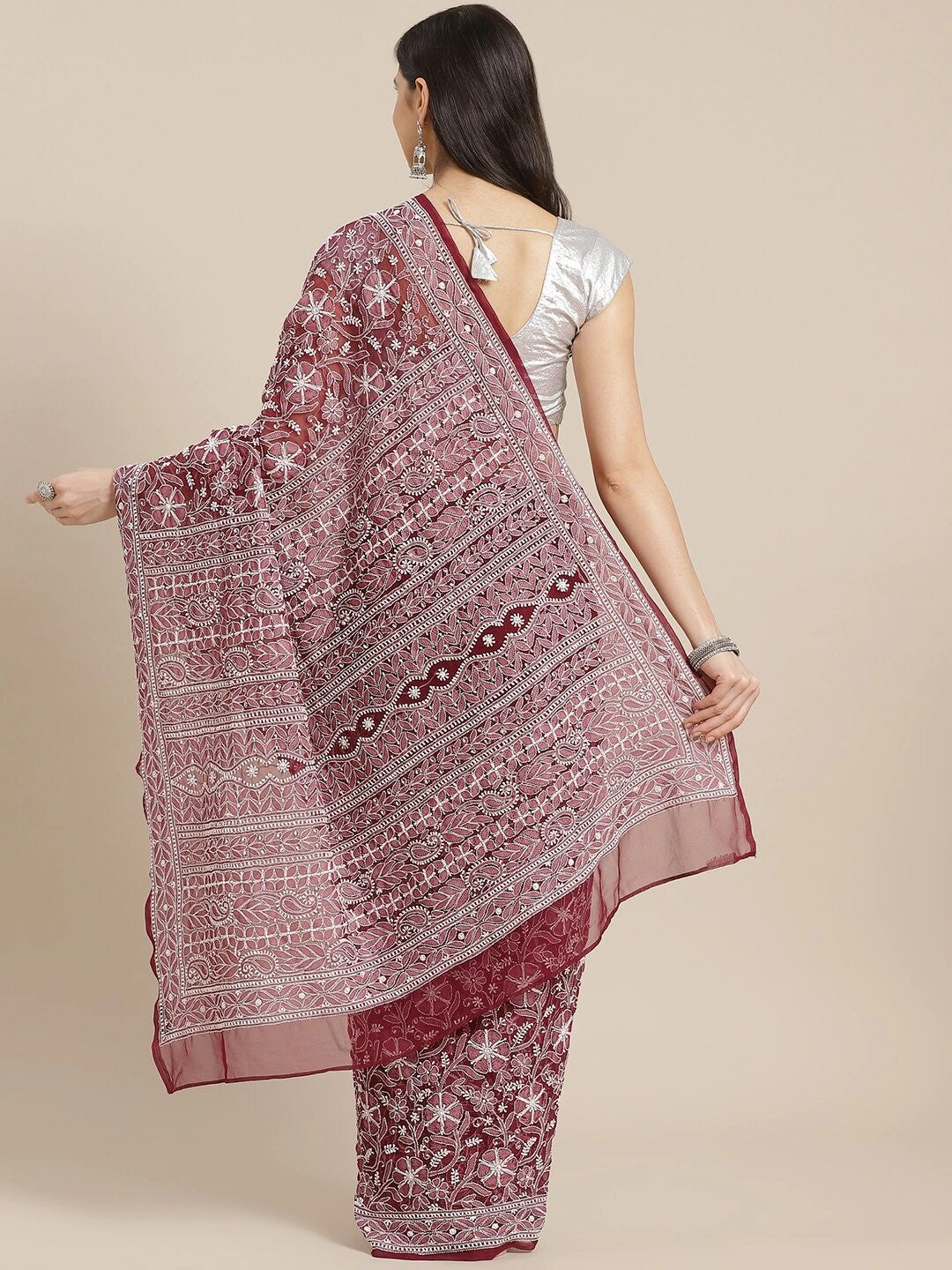 Ada Hand Embroidered Wine Georgette Lucknow Chikan Saree with Blouse A311304
