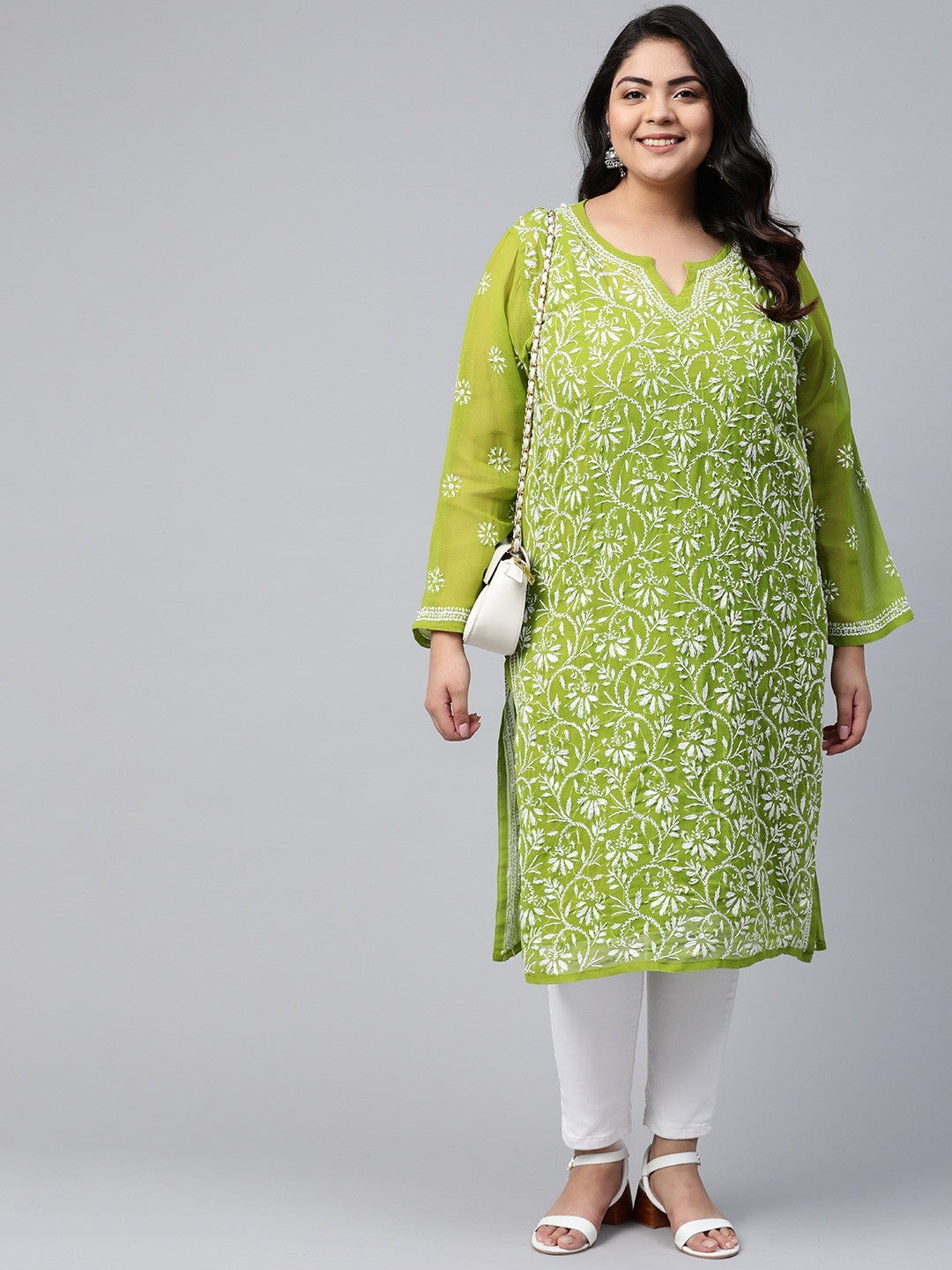 Ada Hand Embroidered Olive Green Georgette Lucknow Chikankari Straight Kurta with Slip A90406