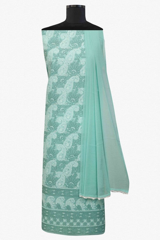 Ada Hand Embroidered Green Cotton Lucknowi Chikan Unstitched Suit Piece–A100244