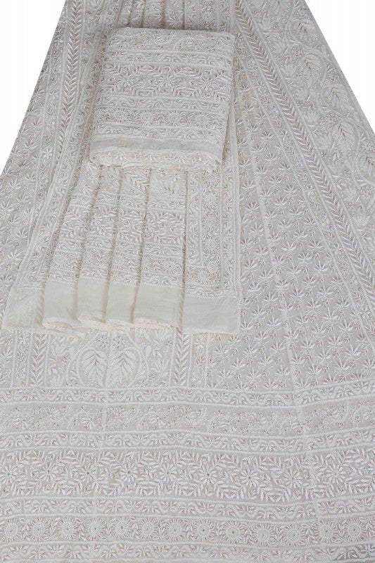 Ada Hand Embroidered Milky White  Pure Georgette Lucknowi Chikankari Lehenga-A625497
