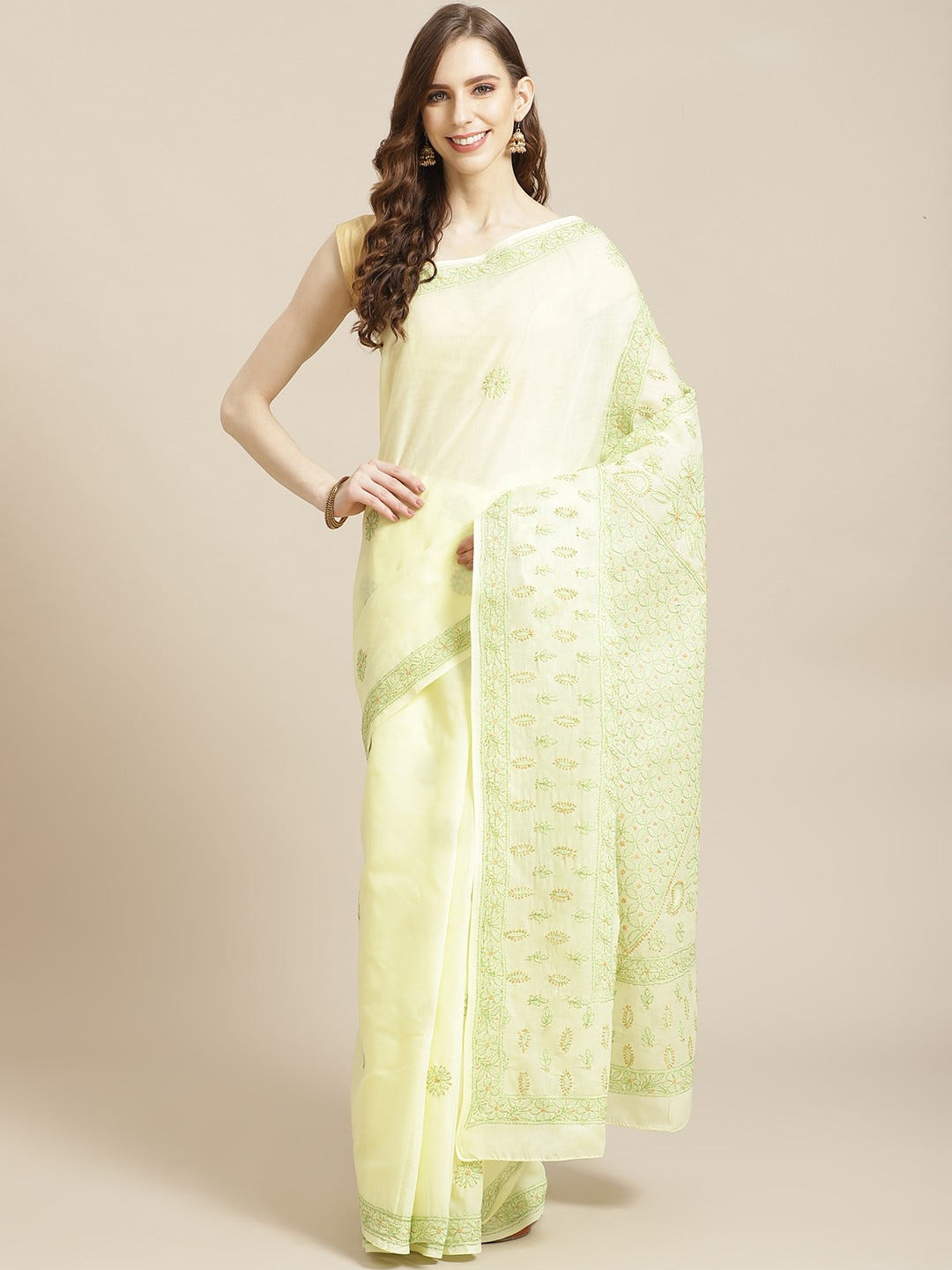 Ada Hand Embroidered Lemon Cotton Lucknow Chikan Saree With Blouse-A311212
