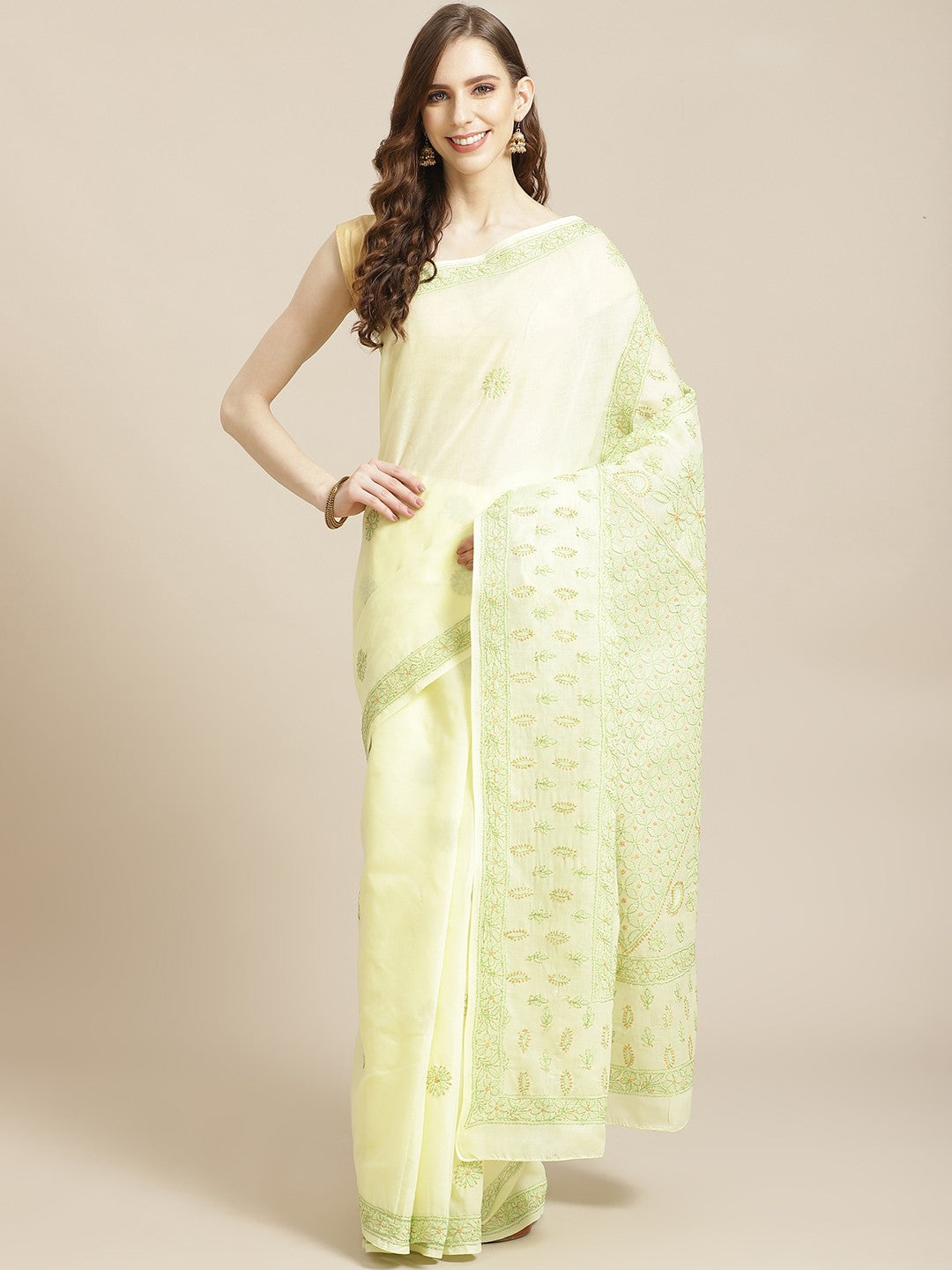 Ada Hand Embroidered Lemon Cotton Lucknow Chikan Saree With Blouse-A311212