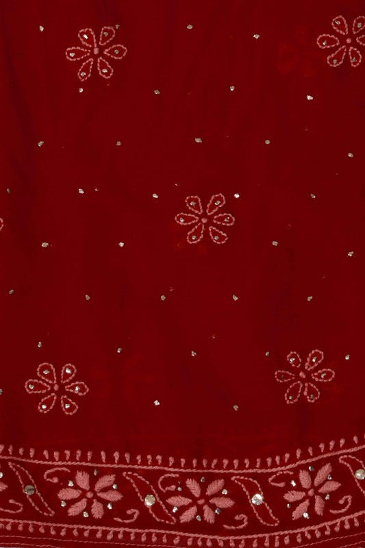 Ada Hand Embroidered Maroon Pure Georgette Lucknowi Chikankari Semi-stitched Anarkali Kurta Dupatta Set With Muqaish Work-A617645
