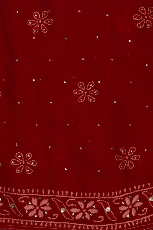 Ada Hand Embroidered Maroon Pure Georgette Lucknowi Chikankari Semi-stitched Anarkali Kurta Dupatta Set With Muqaish Work-A617645