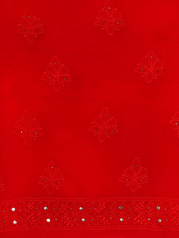 Ada Hand Embroidered Red Georgette Lucknowi Chikankari Unstitched Kurta Piece with Muqaish Work A511732