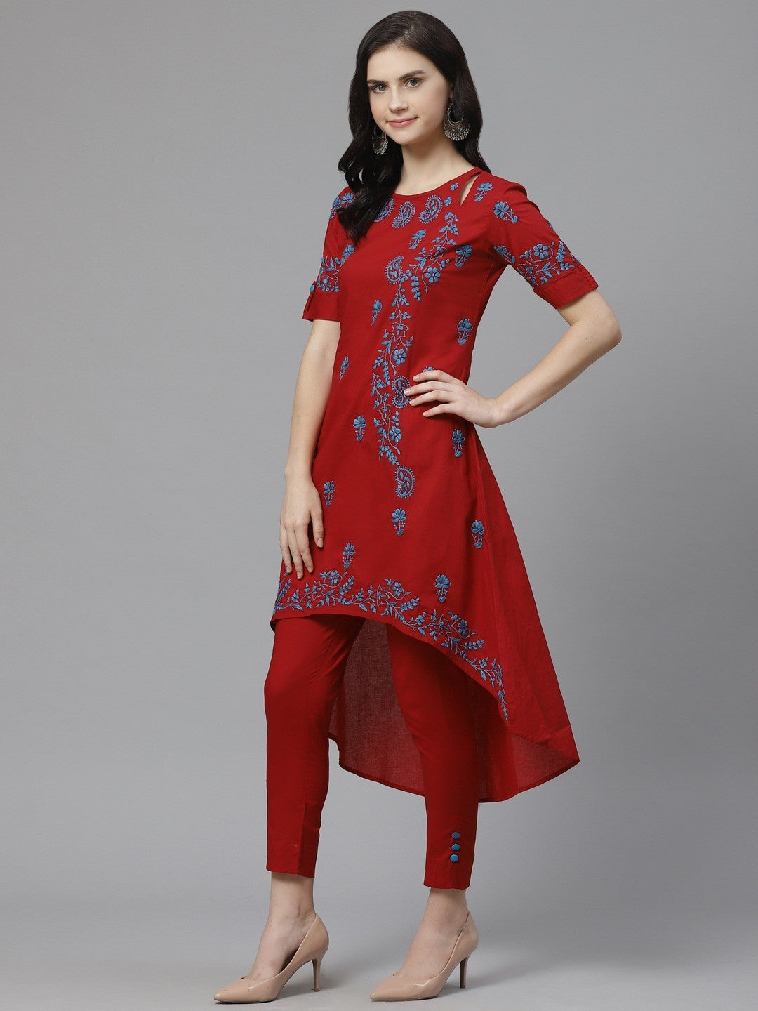 Ada Hand Embroidered Maroon Cotton Lucknowi Chikankari Kurta with Trouser Set A100326