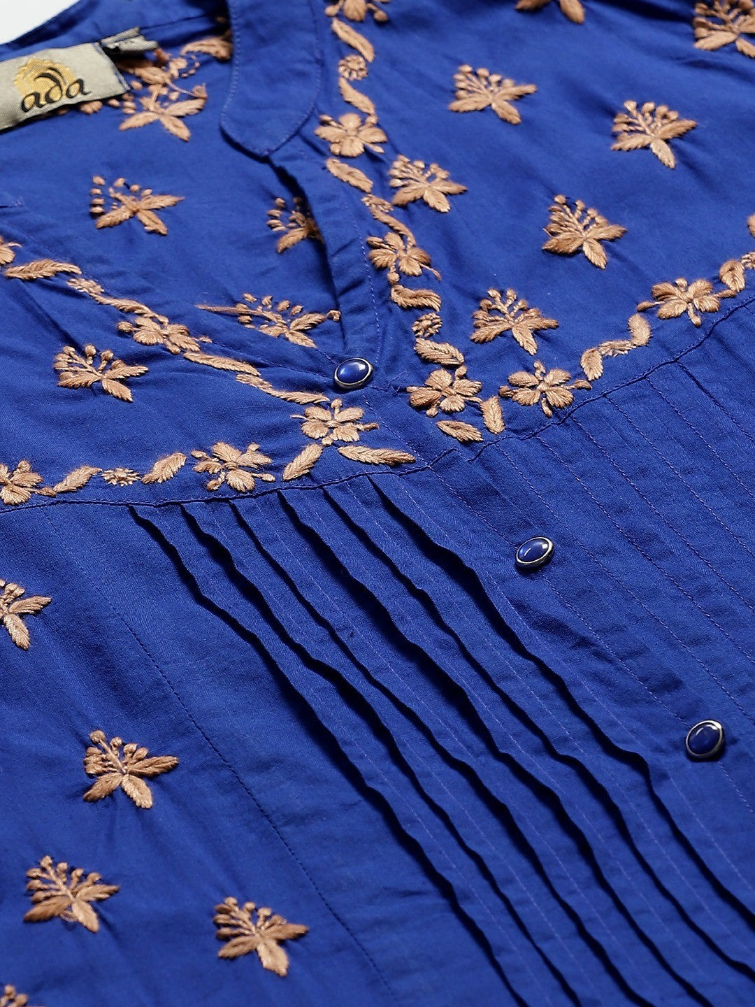 Ada Hand Embroidered Royal Blue Cotton Lucknowi Chikankari Straight Kurta with Trouser Set A811133