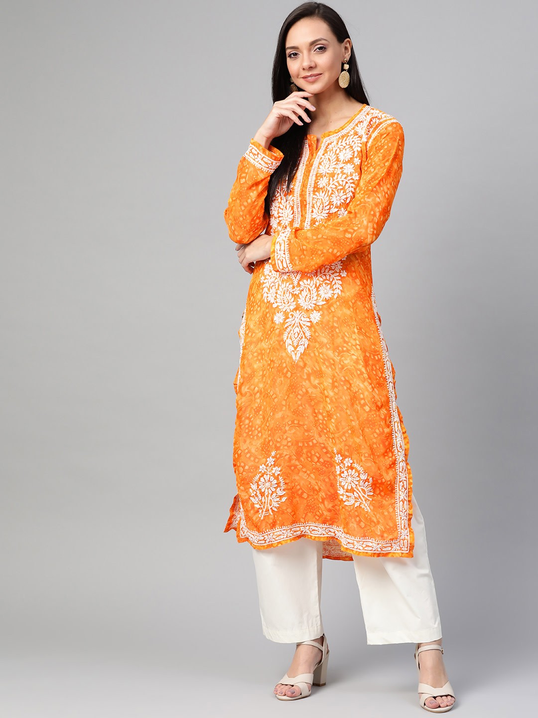 Ada Hand Embroidered Orange Faux Georgette Lucknow Chikankari Kurta- A100463