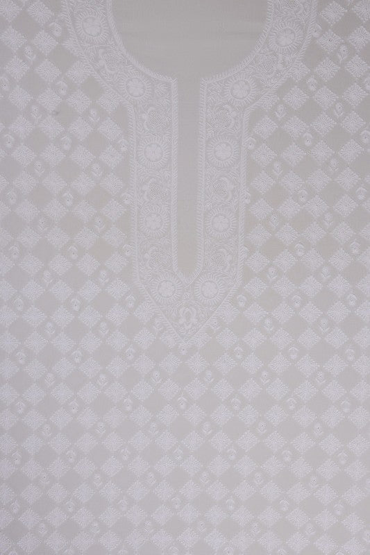 Ada Hand Embroidered White Pure Georgette Lucknowi Chikan Unstitched Men's Kurta Piece- A163836