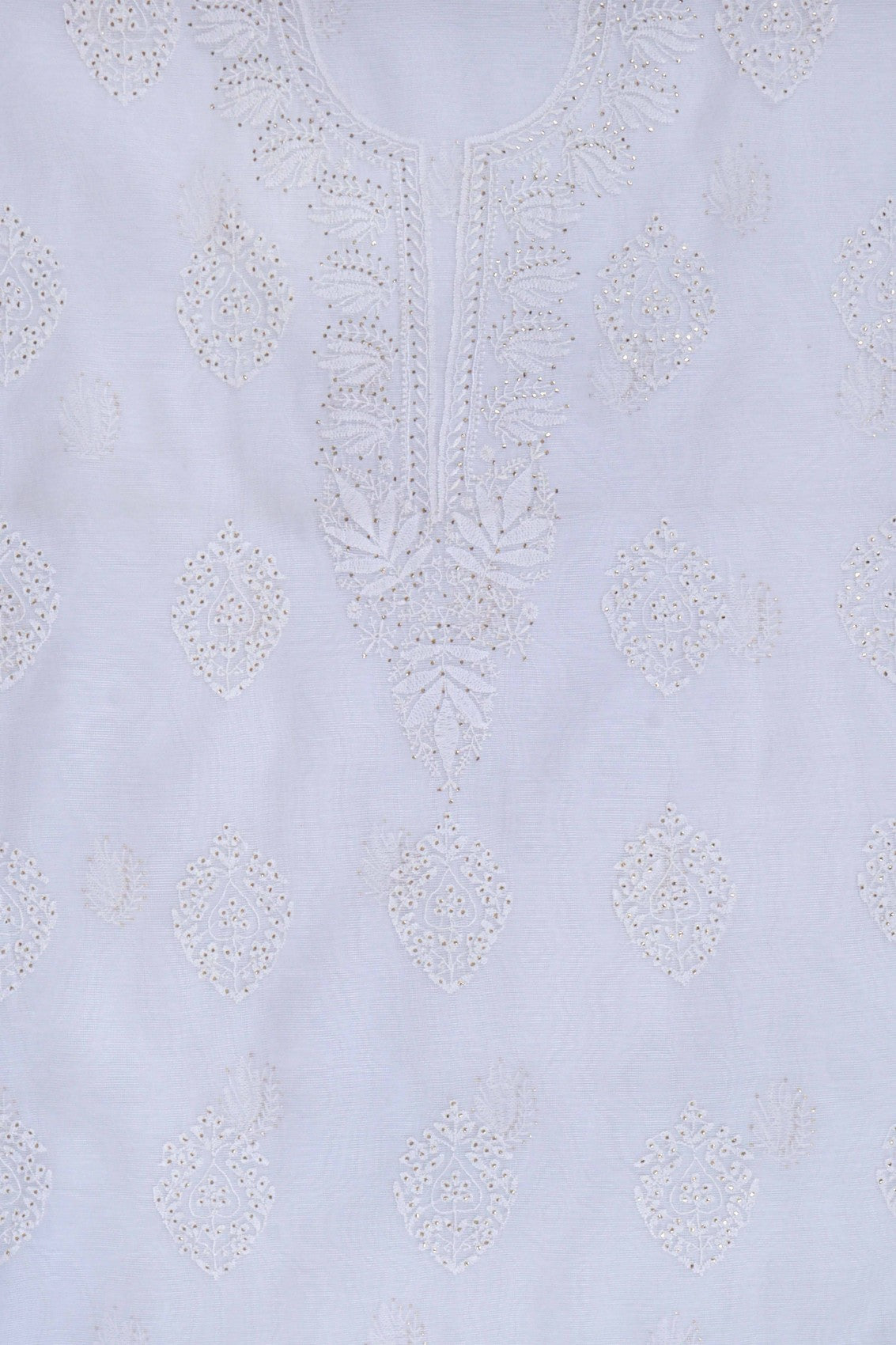 Ada Hand Embroidered White Kota Lucknowi Chikankari Unstitched Suit Piece With Muqaish Work 01A67182