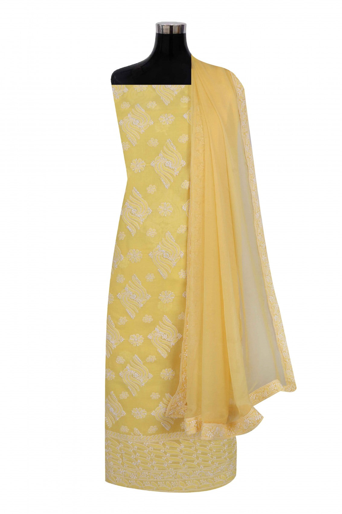 Ada Hand Embroidered Yellow Cotton Lucknowi Chikankari Unstitched Suit Piece 01A204090