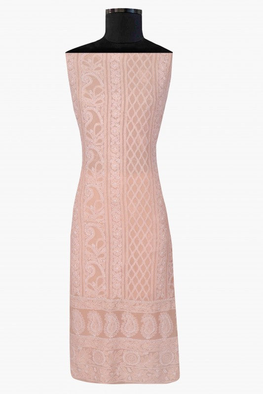 Ada Hand Embroidered Light Peach Pure Georgette Lucknowi Chikan Unstitched Kurta Piece A505479