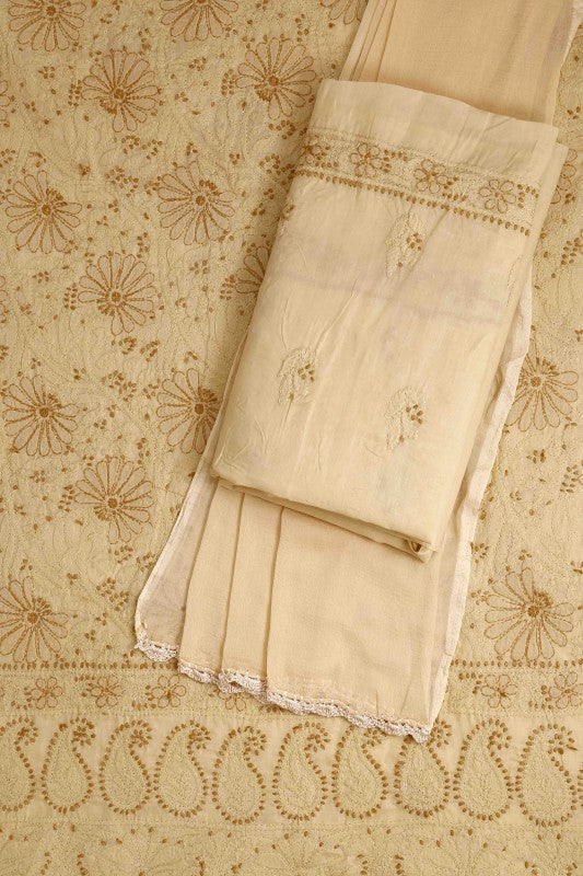 Ada Hand Embroidered Fawn Cotton Lucknowi Chikan Unstitched Suit Piece-A100307