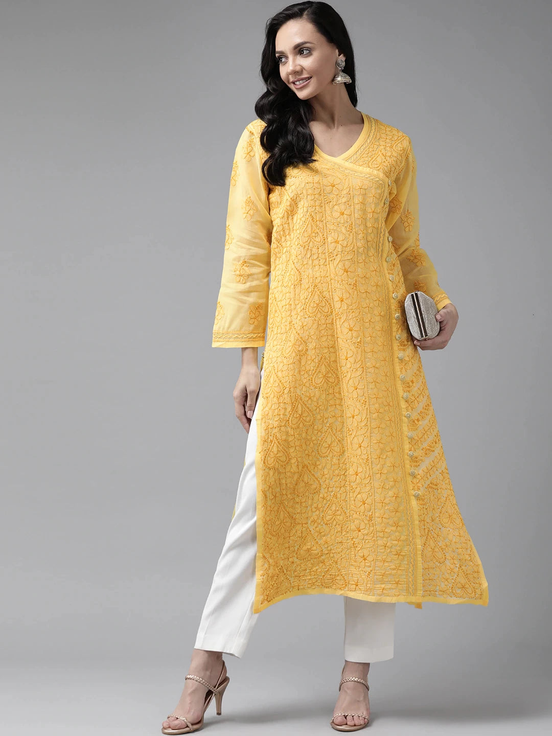 Ada Hand Embroidered Yellow Cotton Lucknowi Chikankari Kurta A411252
