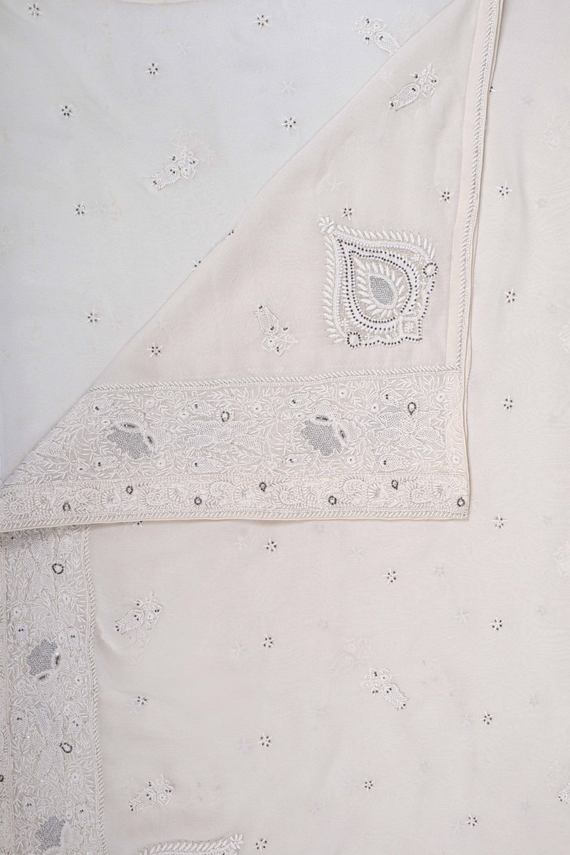 Ada Hand Embroidered White Pure Georgette Lucknowi Chikankari Dupatta With Zari Work A341283
