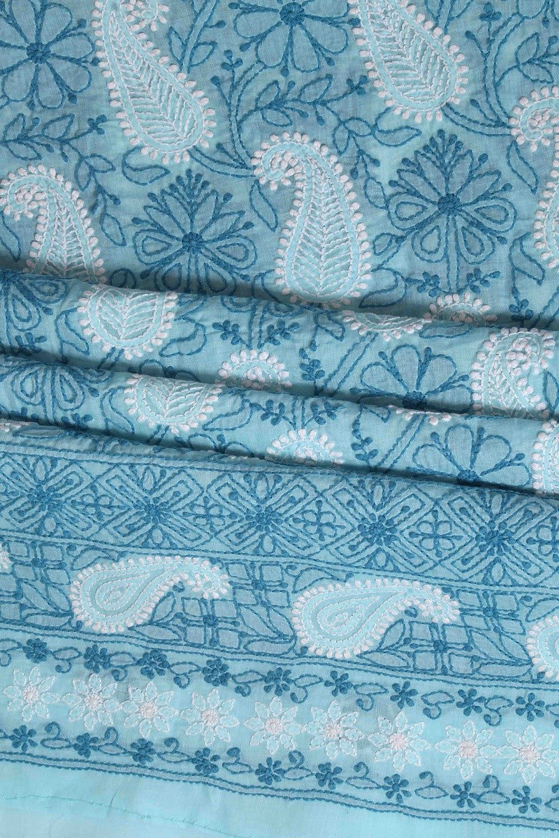 Ada Hand Embroidered Blue Cotton Lucknowi Chikan Unstitched Suit Piece-A603820