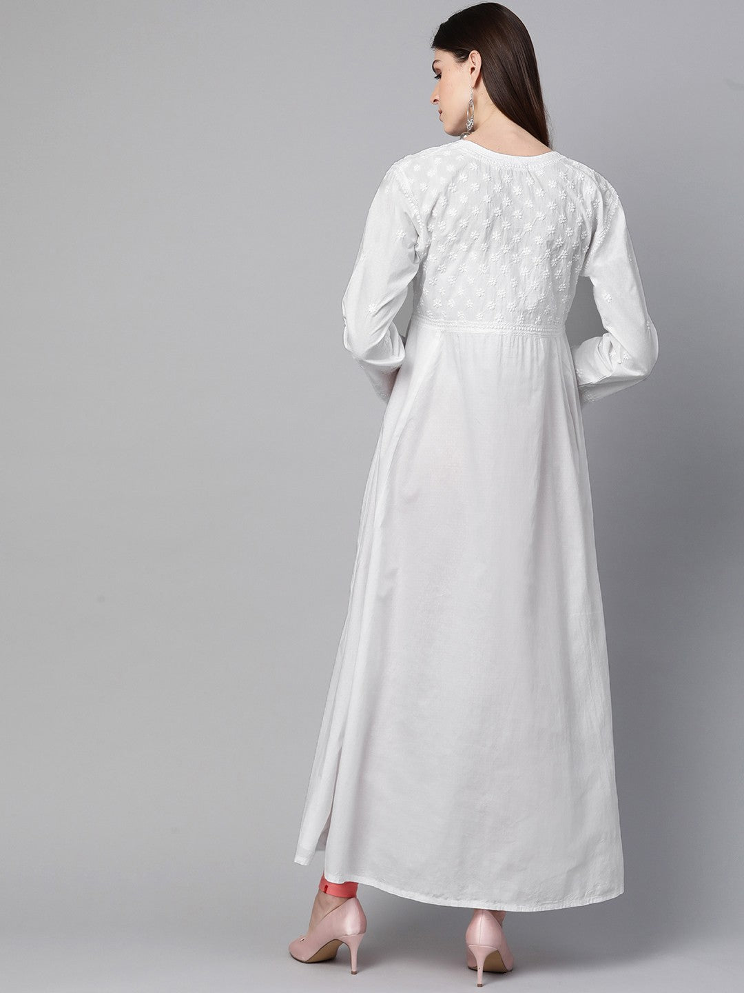 Ada Hand Embroidered White Cotton Lucknowi Chikankari A-line Kurta A100419