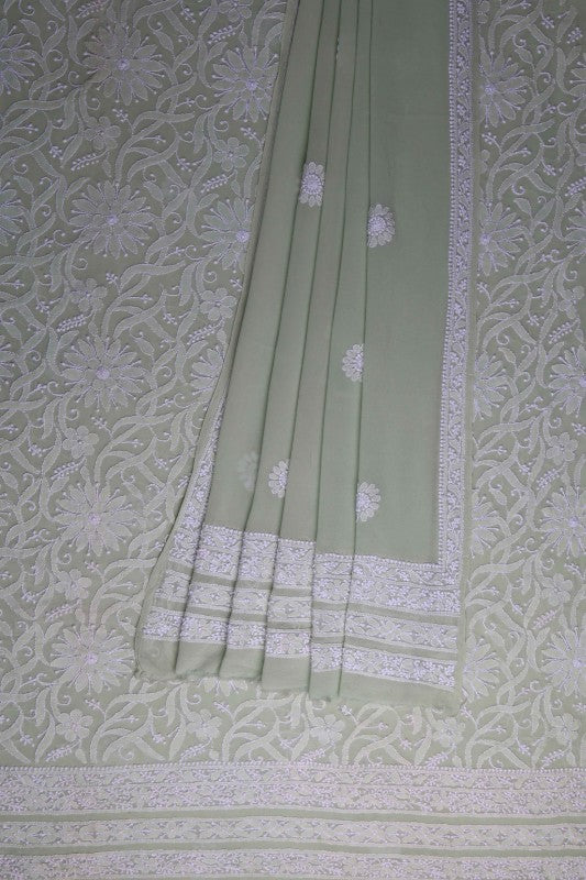 Ada Hand Embroidered Pista Green Pure Georgette Lucknowi Chikan Unstitched Kurta Dupatta Set A586390