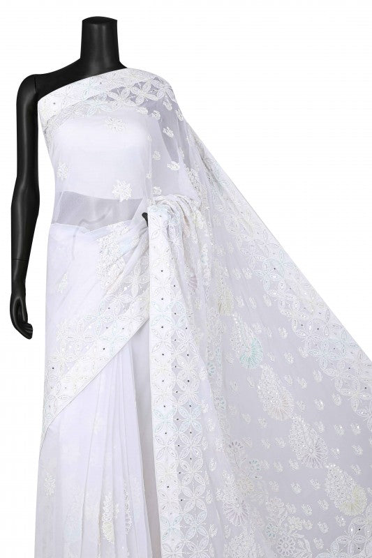Ada Hand Embroidered White Georgette Lucknowi Chikankari Saree/Blouse with Sequinned Work A260377
