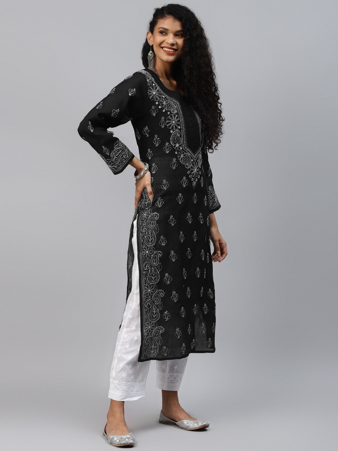 Ada Hand Embroidered Black Cotton Lucknowi Chikankari Straight Kurta A263293