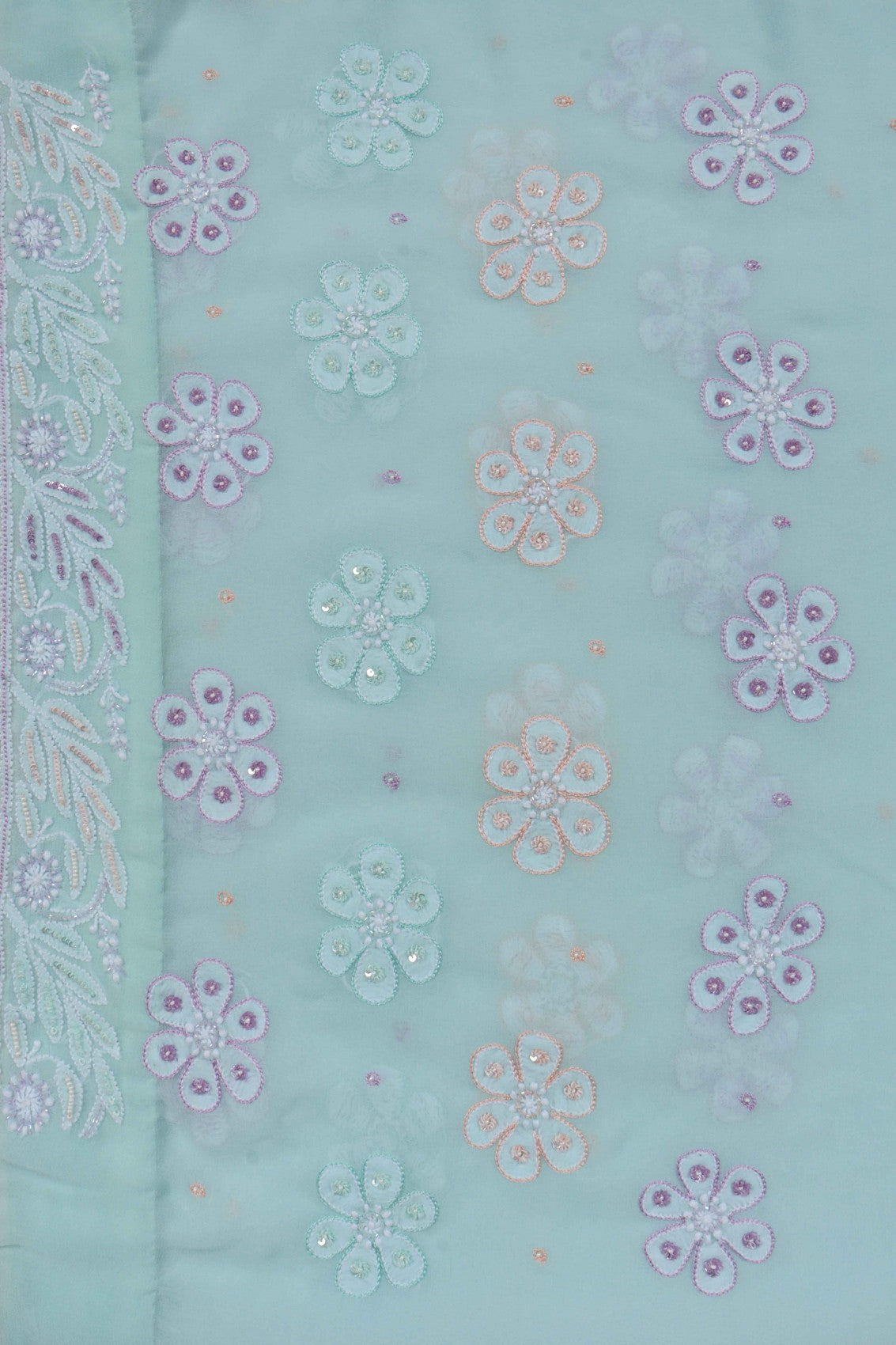 Ada Hand Embroidered Mint Green Pure Georgette Lucknowi Chikankari Saree/Blouse With Pearl Work 01A160567