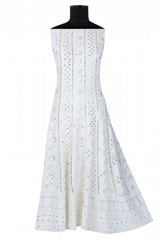 Ada Hand Embroidered White Georgette Lucknowi Chikankari Semi-stitched Anarkali Kurta Dupatta Set With Muqaish Work- A615417