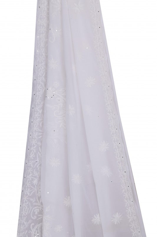 Ada Hand Embroidered White Georgette Lucknow Chikan Saree with Blouse A42297