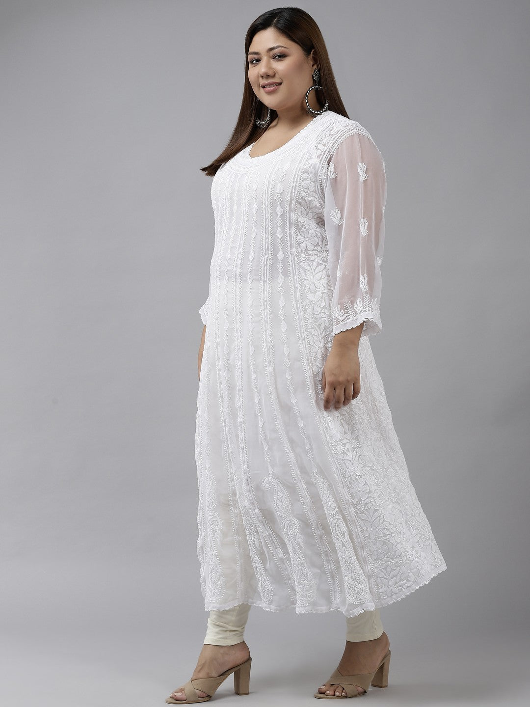 Ada Hand Embroidered White Georgette Lucknowi Chikankari Anarkali A-line Kurta A411205