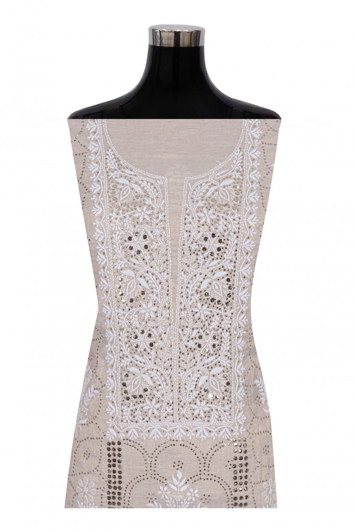 Ada Hand Embroidered Natural Fawn Tissue Lucknowi Chikankari Unstitched Kurta Dupatta Set With Muqaish Work 01A169987