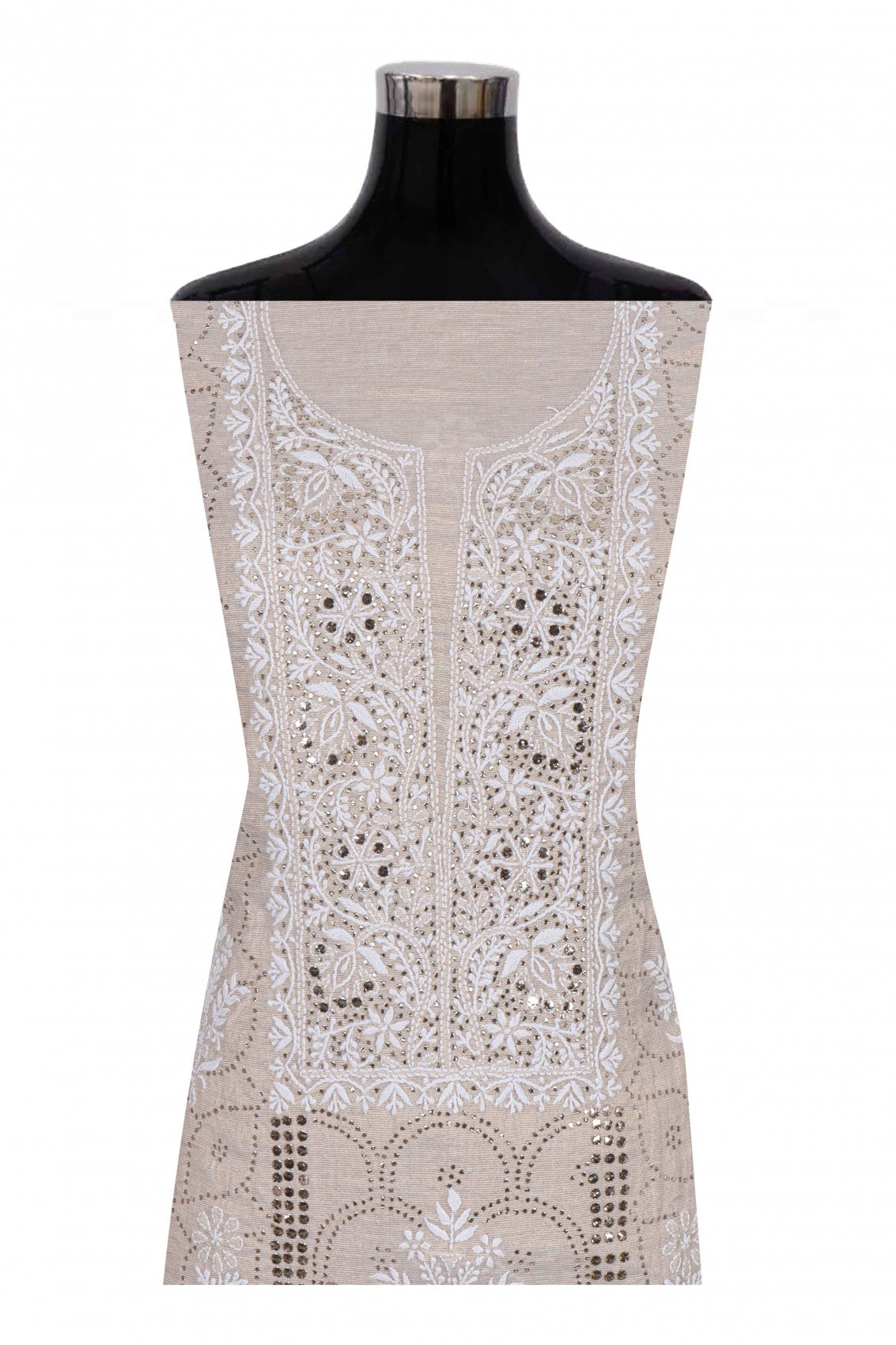 Ada Hand Embroidered Natural Fawn Tissue Lucknowi Chikankari Unstitched Kurta Dupatta Set With Muqaish Work 01A169987