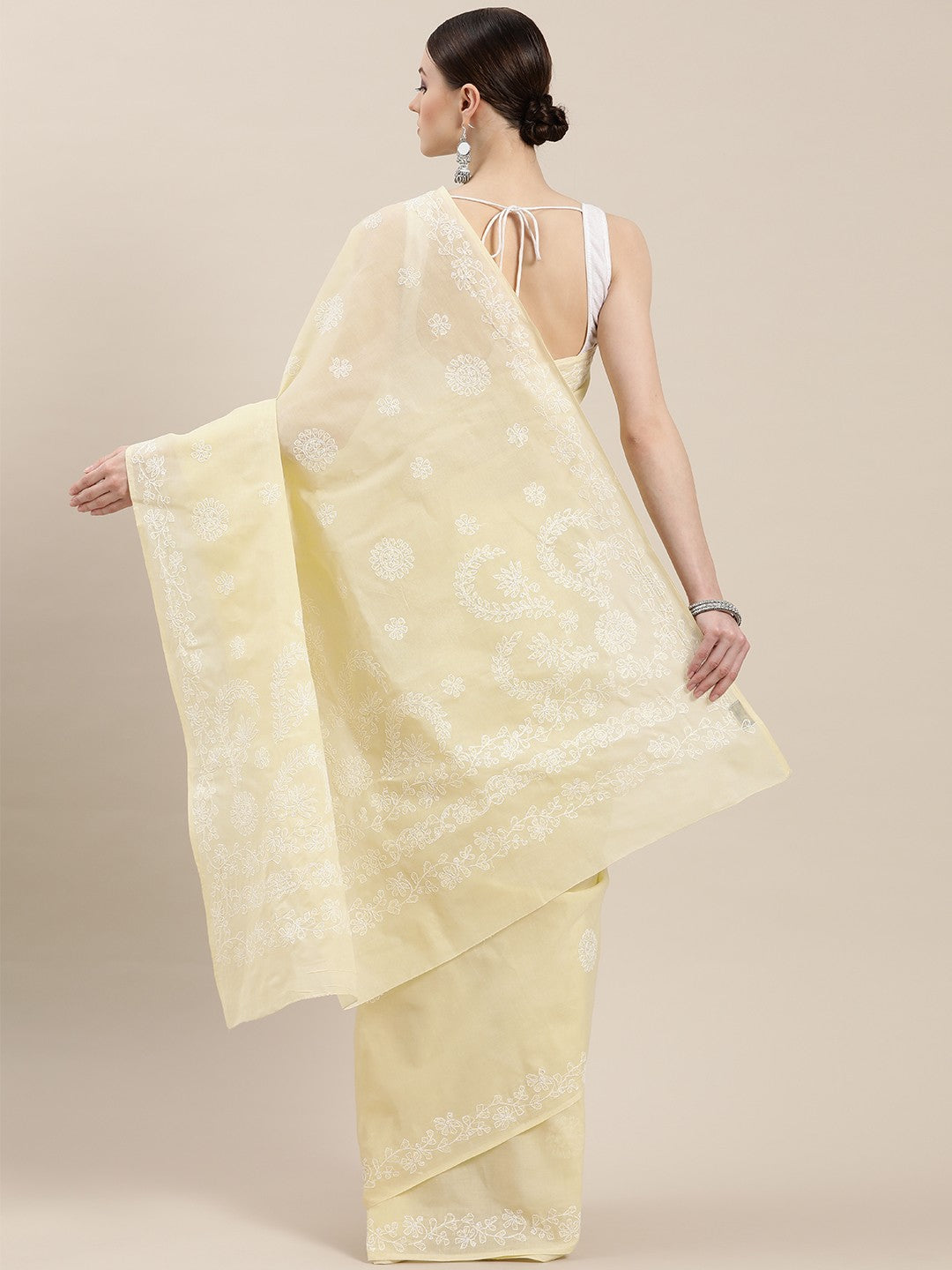 Ada Hand Embroidered Cream Cotton Lucknow Chikan Saree with Blouse- A100314