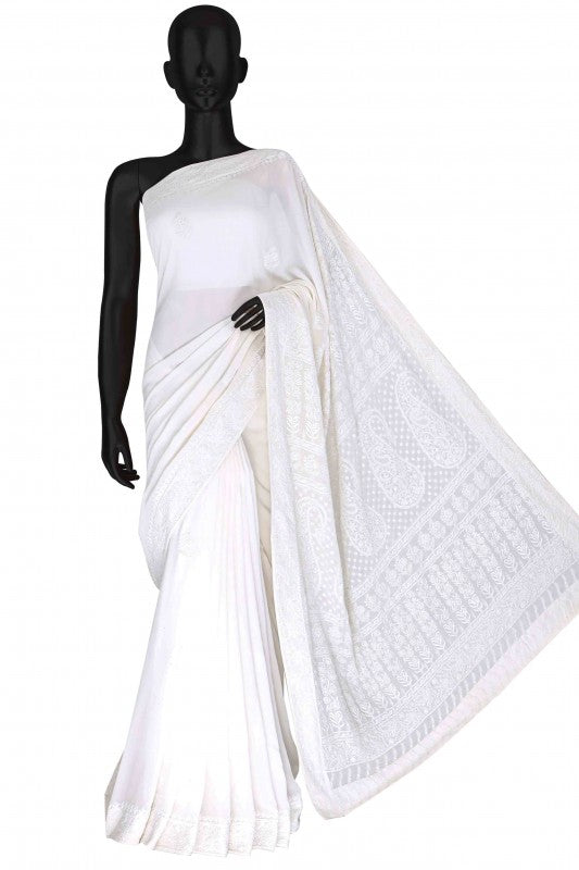 Ada Hand Embroidered White Pure Georgette Lucknow Chikan Saree with Blouse A342798