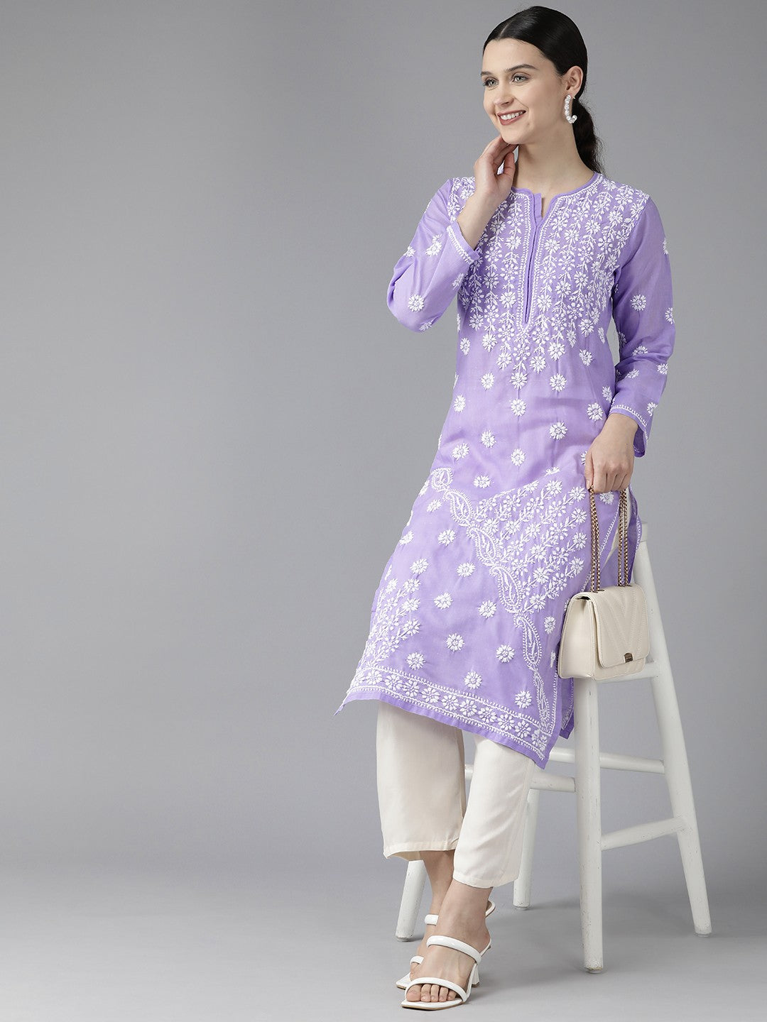 Ada Hand Embroidered Mauve Cotton Lucknowi Chikankari Straight Kurta A411402