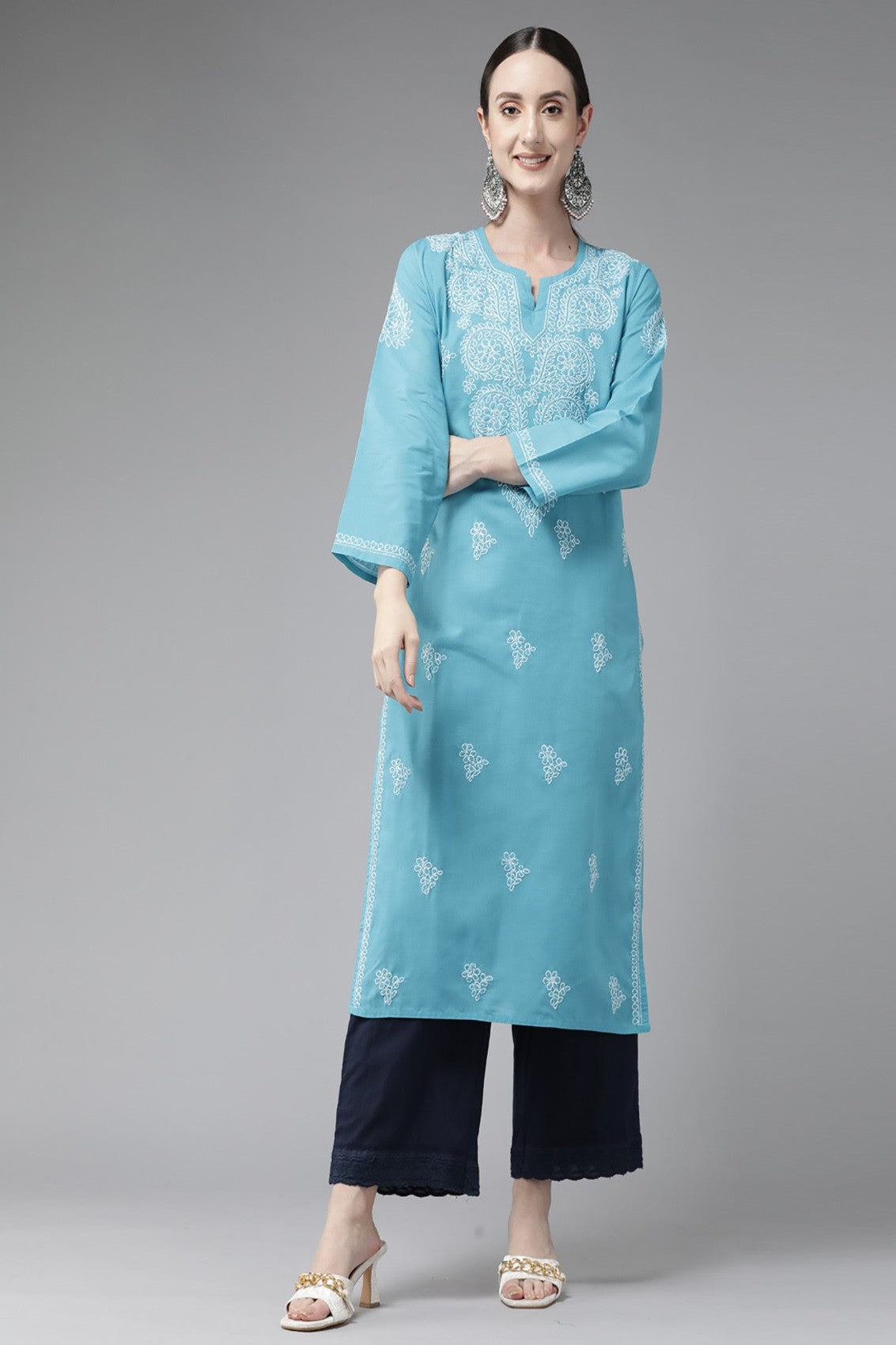 Ada Hand Embroidered Blue Cotton Lucknowi Chikankari Straight Kurta A197497