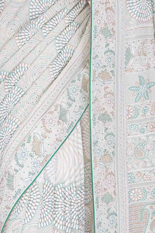 Ada Hand Embroidered Ivory Pure Georgette Lucknowi Chikankari Saree/Blouse With Muqaish Work -A56535