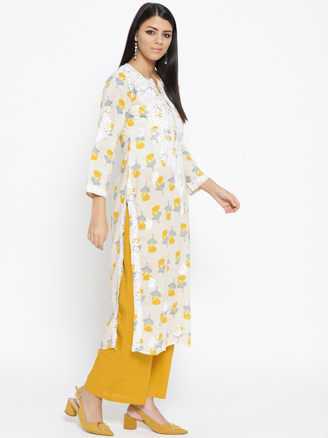 Ada Hand Embroidered Fawn Yellow Cotton Lucknowi Chikankari Straight Kurta- A100034