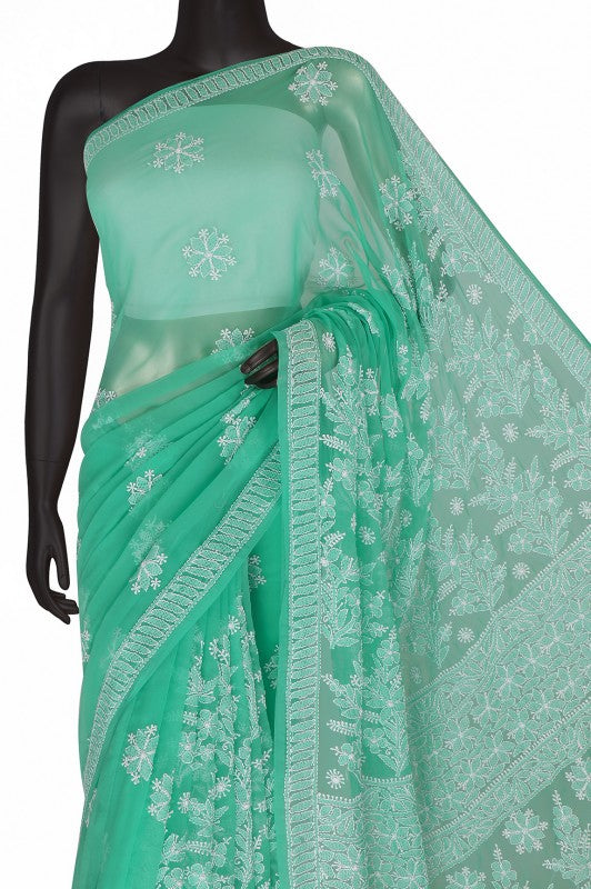 Ada Hand Embroidered Green Georgette Lucknowi Chikankari Saree with Blouse A621564