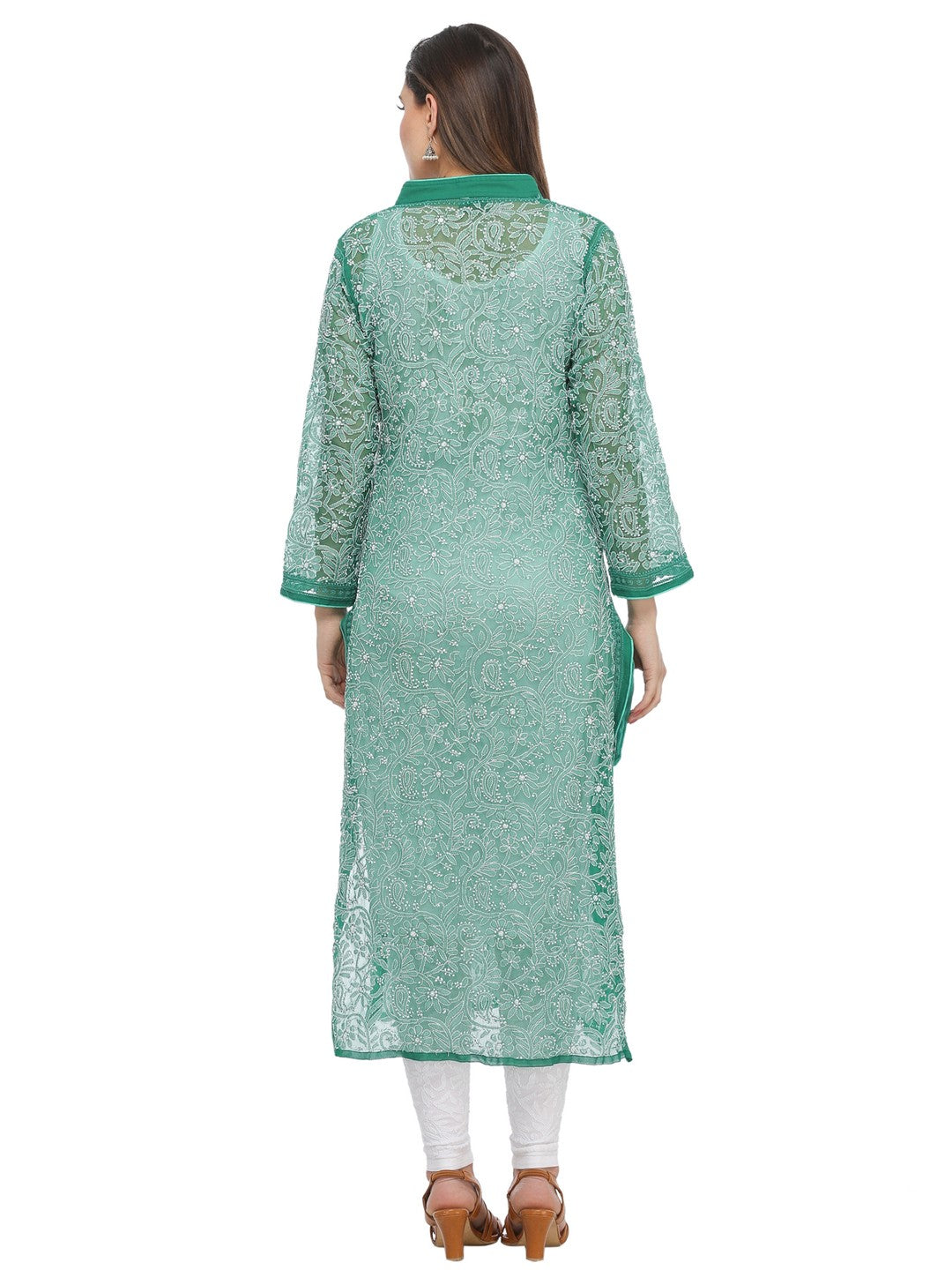 Ada Hand Embroidered Green Georgette Lucknowi Chikankari Straight Kurta A274243