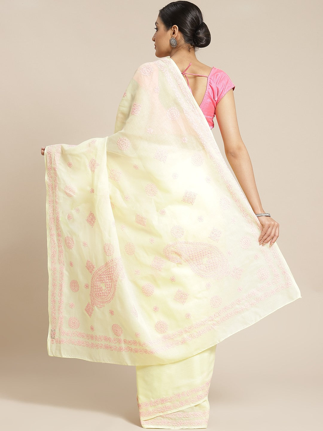 Ada Hand Embroidered Lemon Cotton Lucknow Chikan Saree With Blouse-A311170