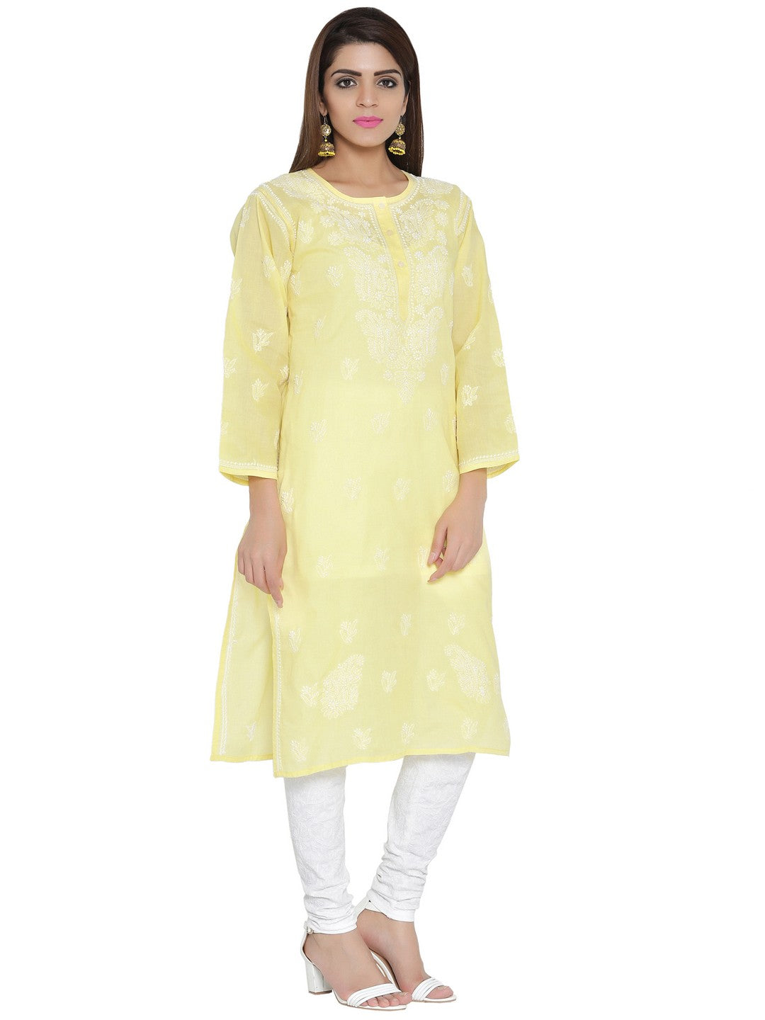 Ada Hand Embroidered Lemon Cotton Lucknowi Chikankari Straight  Kurta – A208461