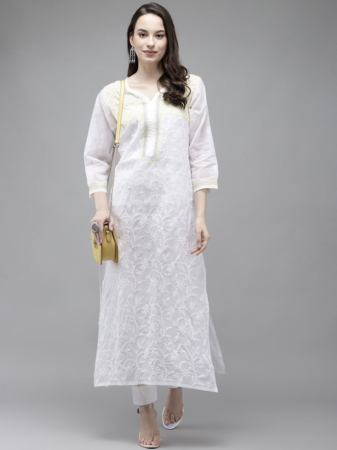 Ada Hand Embroidered White Cotton Lucknowi Chikankari Kurta Set A811213