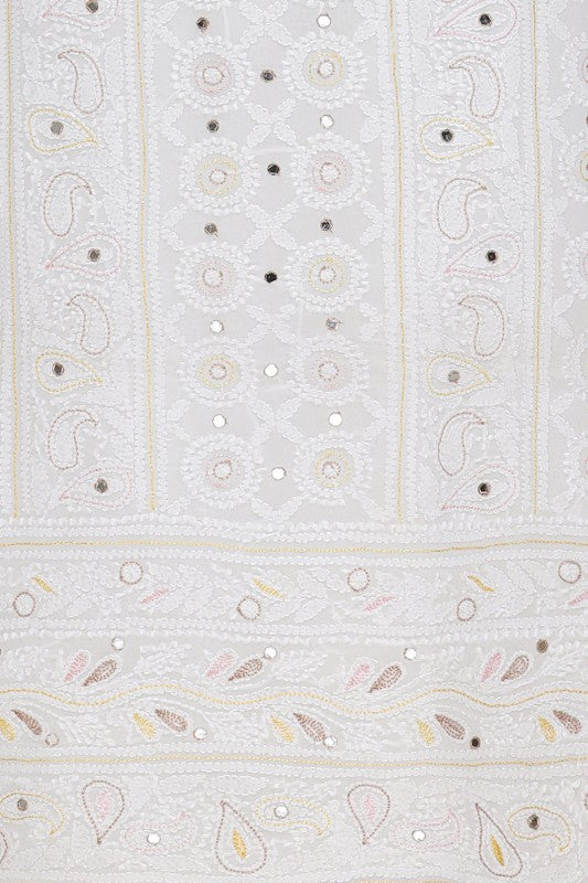 Ada Hand Embroidered White Georgette Lucknowi Chikan Unstitched Kurta Piece With Mirror Work A511727